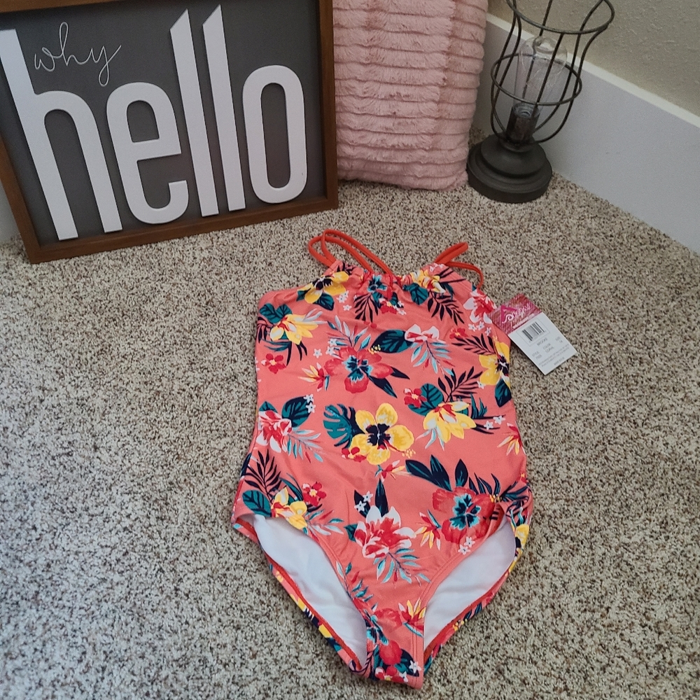 Kanu Surf Girls' Floral Print Orange/ Pink One Piece Swimsuit Size 14